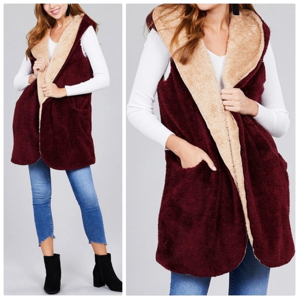Burgundy Khaki  Faux Fur Fluffy Hoodie Vest
